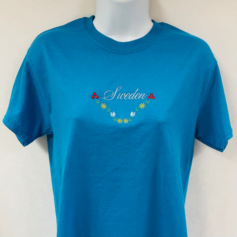 Sweden Flower T-shirt on Teal Blue T-shirt
