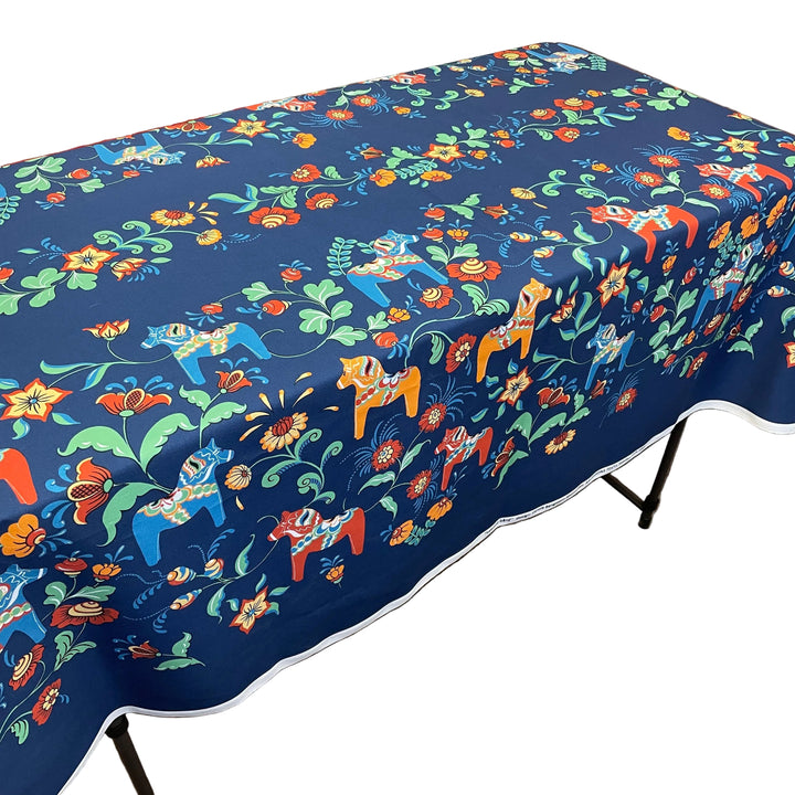 Swedish Tablecloth 56" x 56" - Navy w/ multi color Dala horses & kurbits