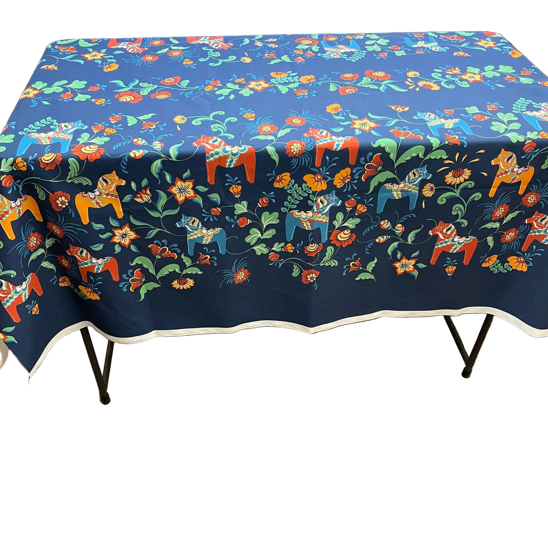 Swedish Tablecloth 56" x 56" - Navy w/ multi color Dala horses & kurbits