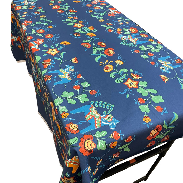 Swedish Tablecloth Fabric - Navy w/ multi color Dala horses & kurbits