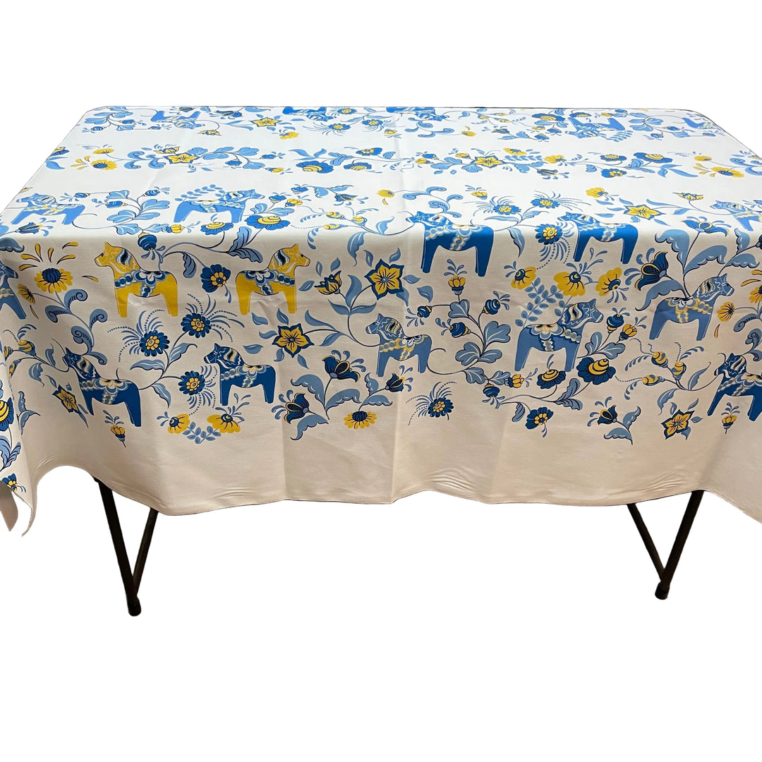 Swedish Tablecloth Fabric - White w/ Blue & Yellow Dala horses & kurbits