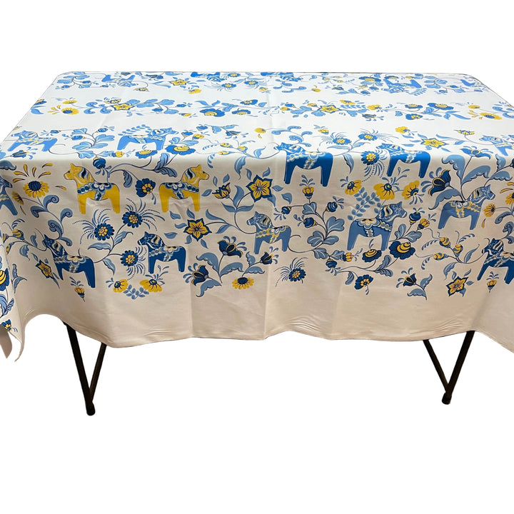 Swedish Tablecloth Fabric - White w/ Blue & Yellow Dala horses & kurbits