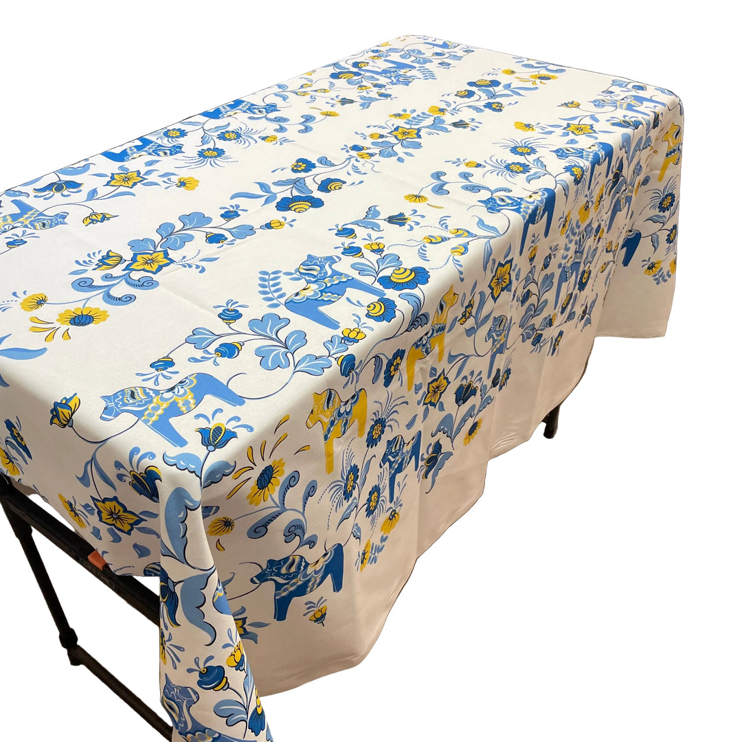 Swedish Tablecloth Fabric - White w/ Blue & Yellow Dala horses & kurbits