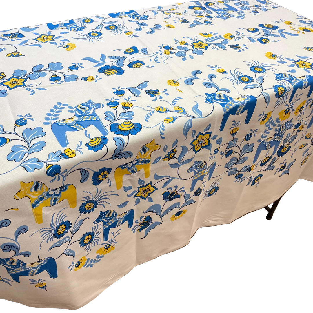 Swedish Tablecloth Fabric - White w/ Blue & Yellow Dala horses & kurbits