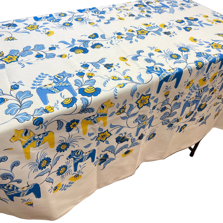 Swedish Tablecloth Fabric - White w/ Blue & Yellow Dala horses & kurbits