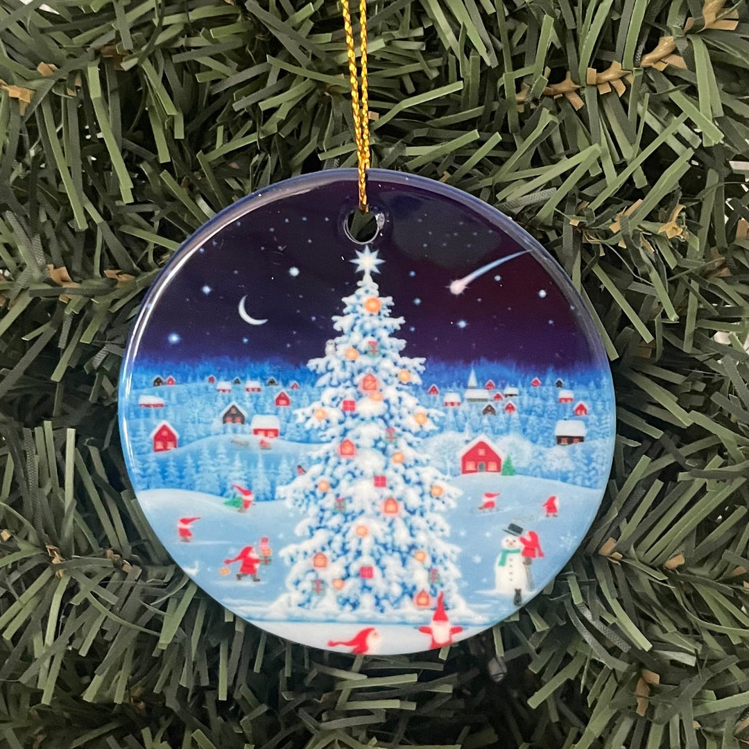 Ceramic Ornament, Eva Melhuish Tomtar at tree in Village