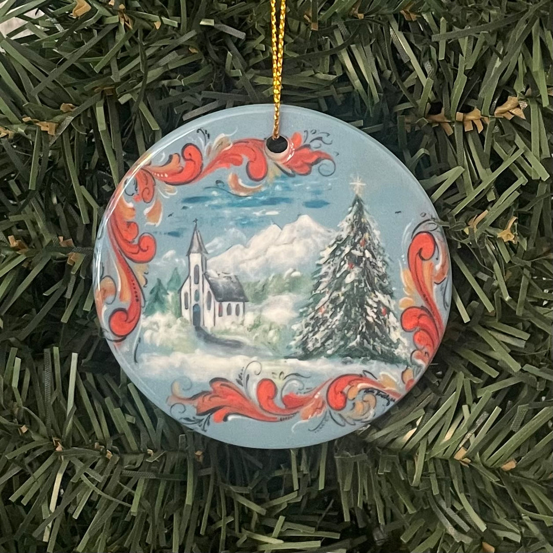 Ceramic ornament, Lise Lorentzen navy blue rosemaling with church