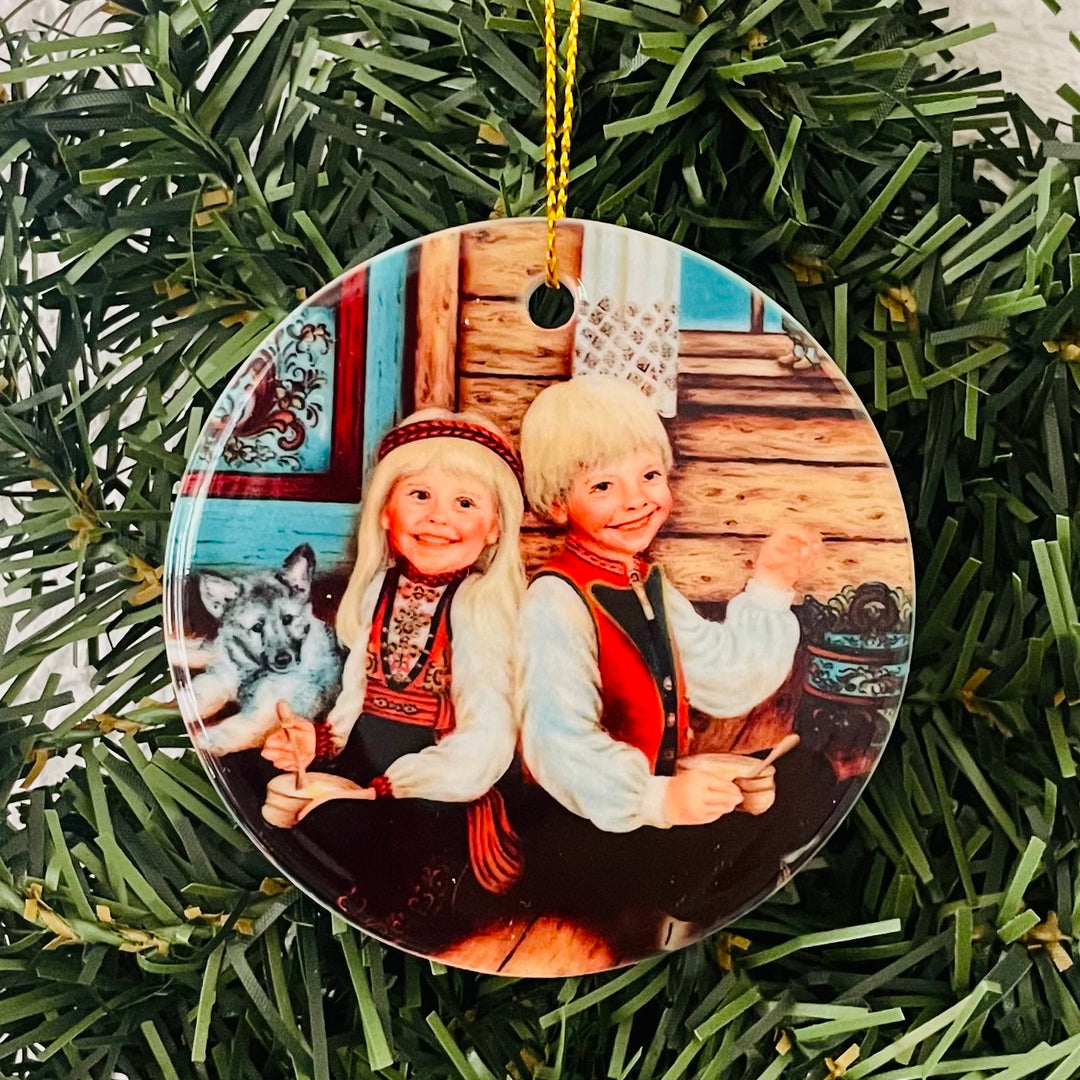 Ceramic Ornament, Suzanne Toftey Risengrot Children & Elkhound