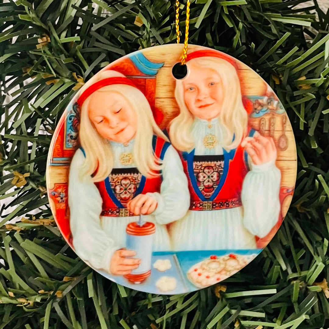 Ceramic Ornament, Suzanne Toftey Girls making Spritz cookies