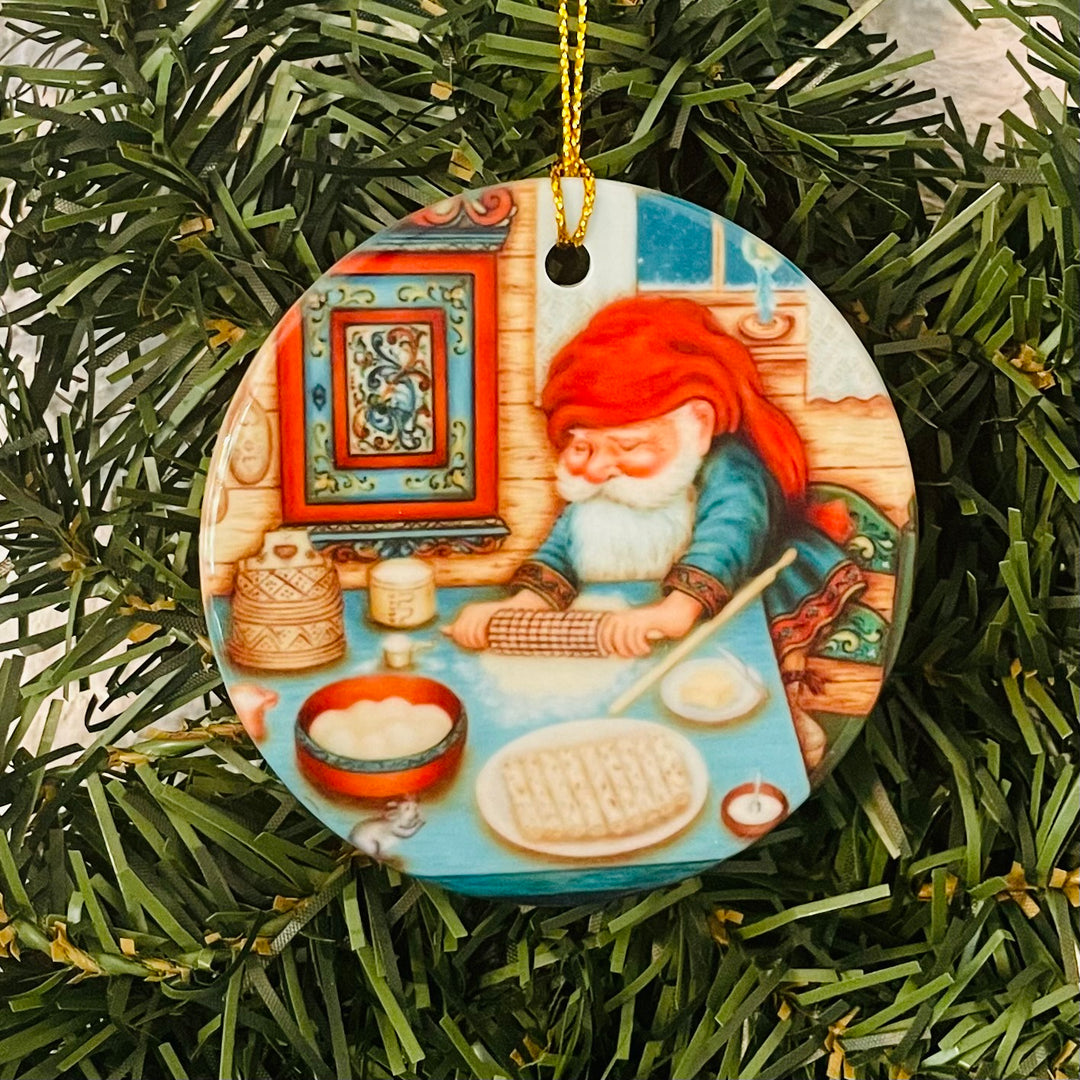 Ceramic Ornament, Suzanne Toftey Nisse making Lefse