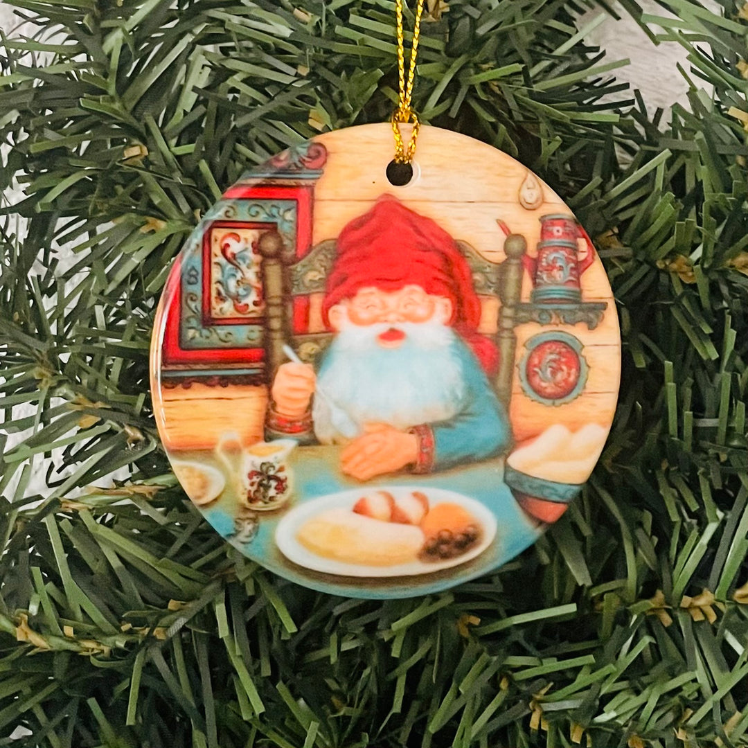 Ceramic Ornament, Suzanne Toftey Nisse eating Lutefisk