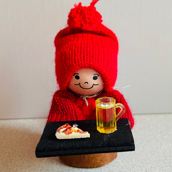 Swedish Tomte Boy with pizza and beer
