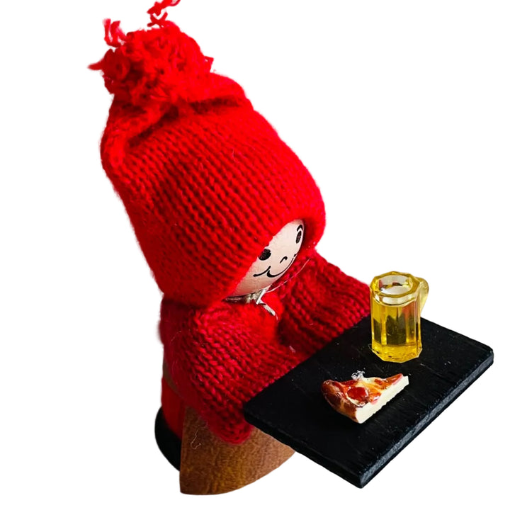 Swedish Tomte Boy with pizza and beer