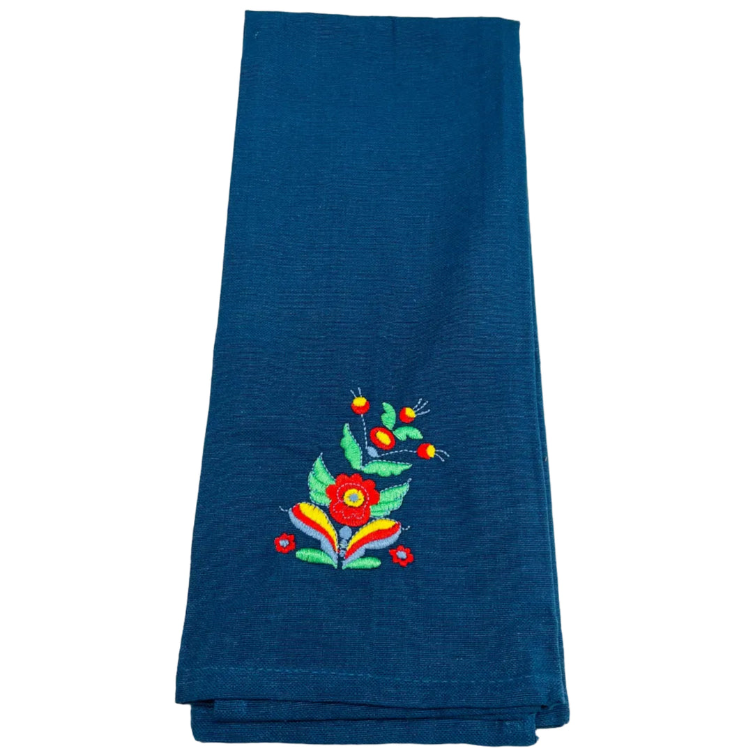Dish Towel - Swedish Kurbits Flowers on Blue
