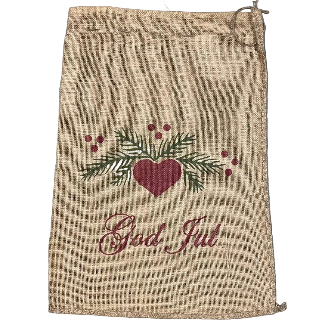 Burlap Gift Sack - God Jul Hearts & Pines
