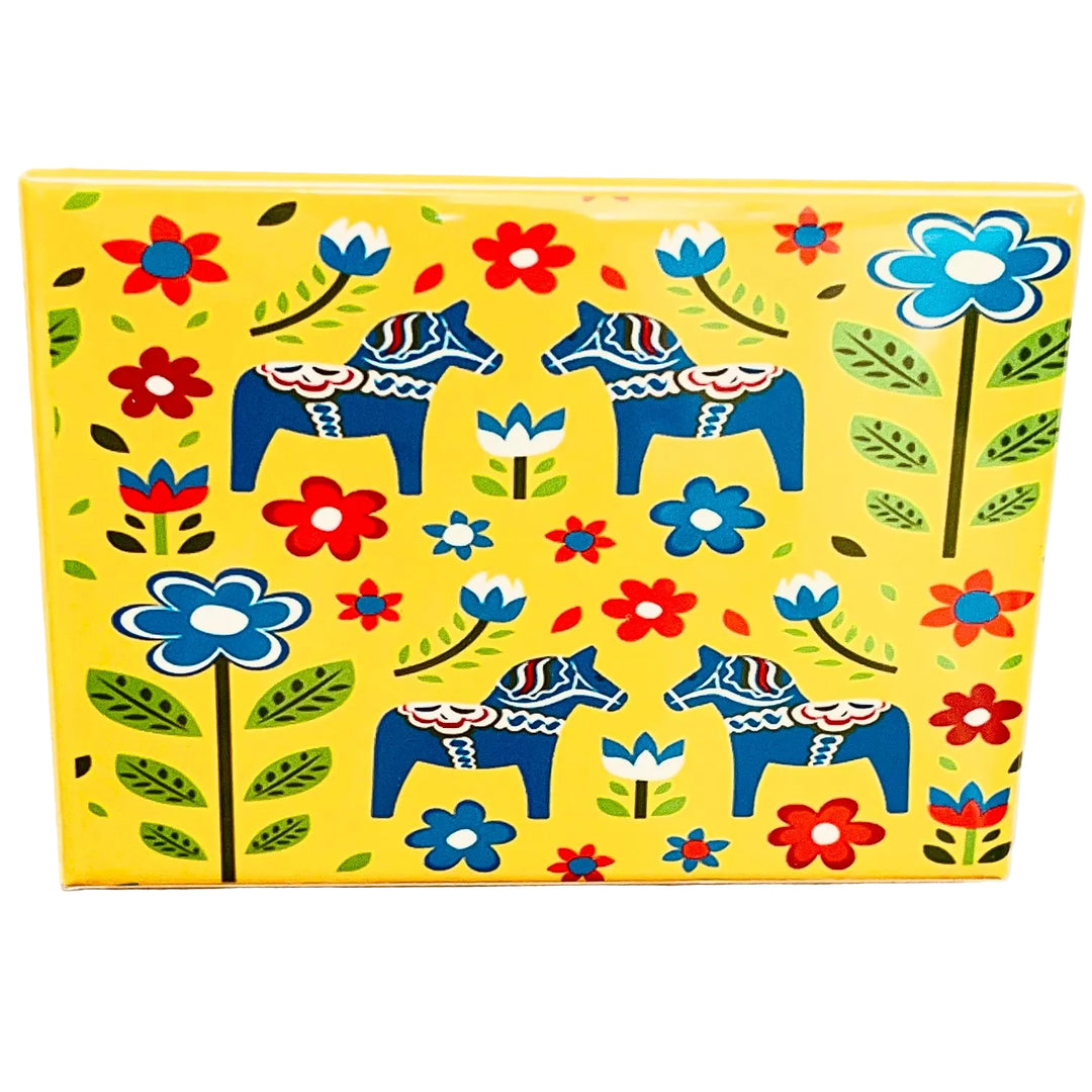 Rectangle Magnet, Blue Dala Horses & Flowers