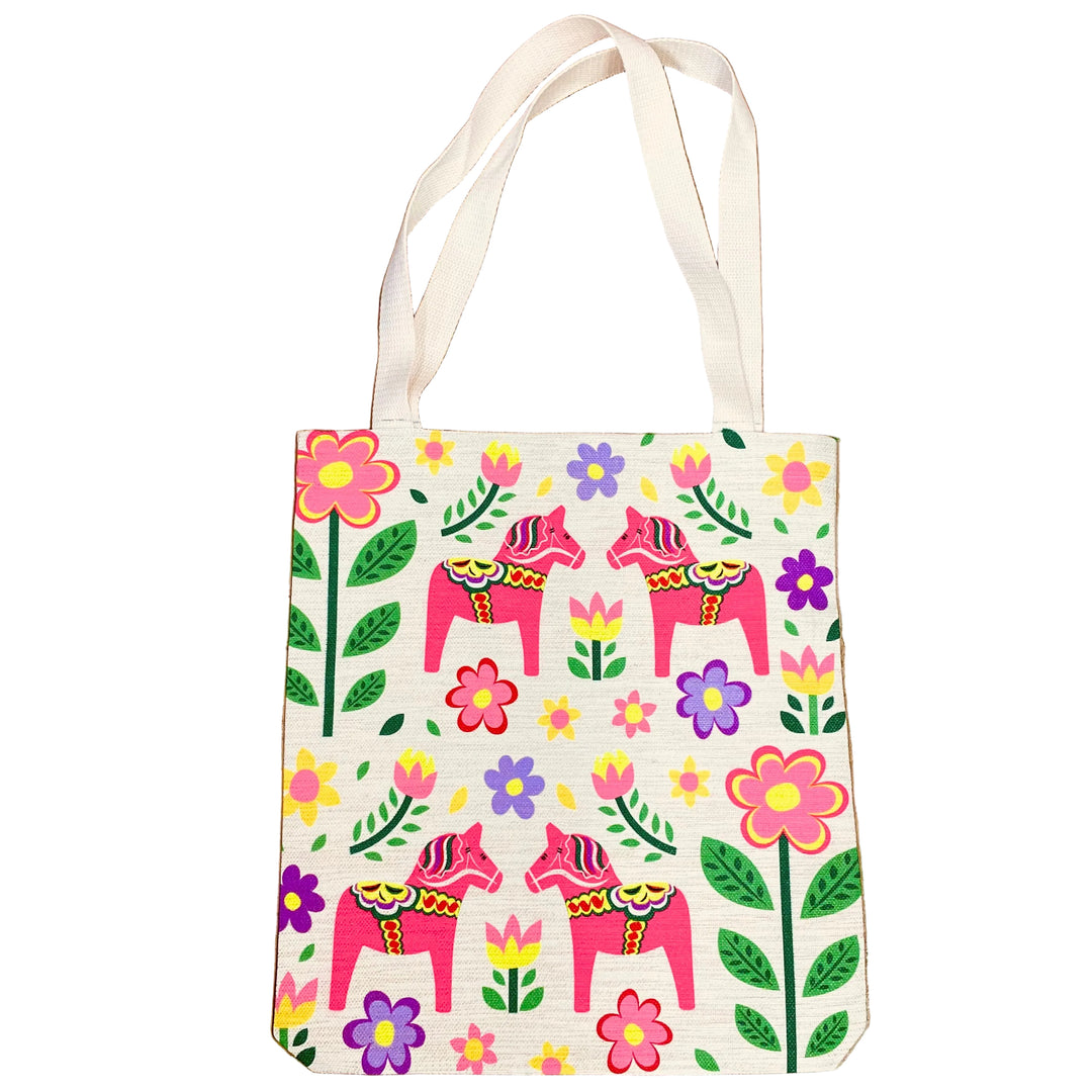 Linen look Tote bag Pink Dala Horses & Flowers