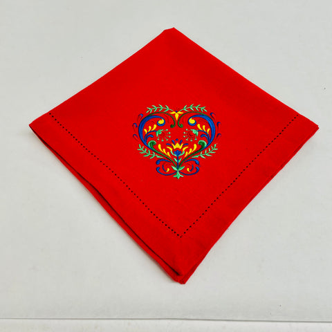 Large Square Napkin Embroidered Folk Art Heart