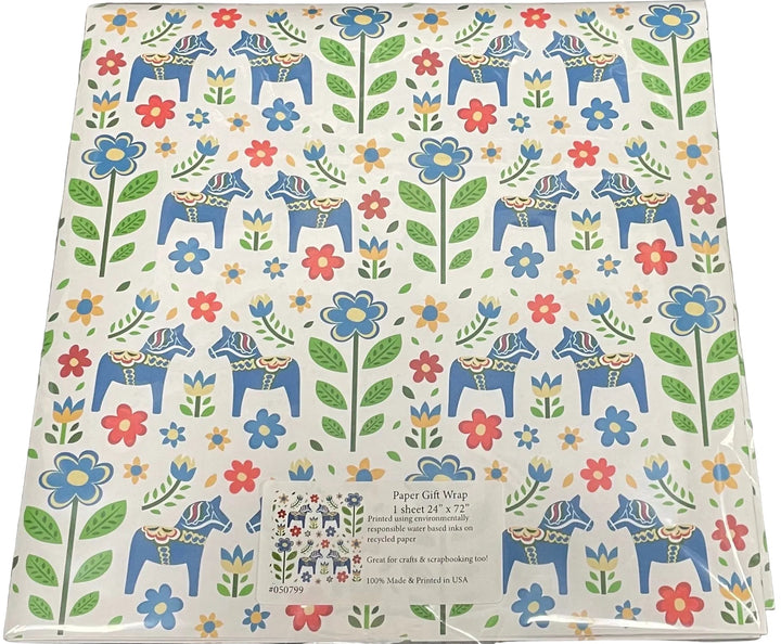 Blue Dala horses & flowers Gift wrap or craft paper