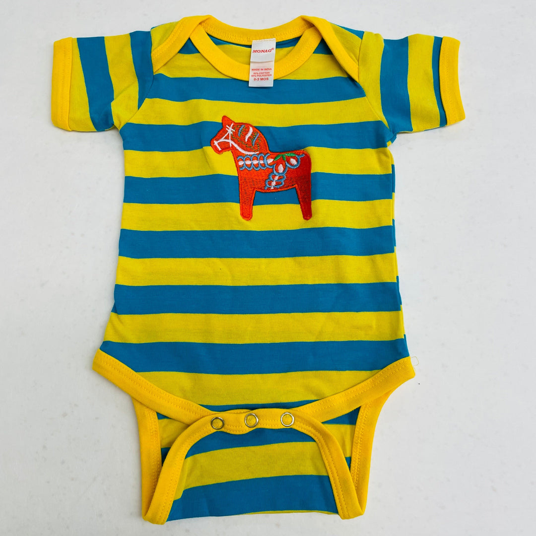 Baby Onezie with snaps - Blue & Yellow stripe with Embroidered Dala Horse