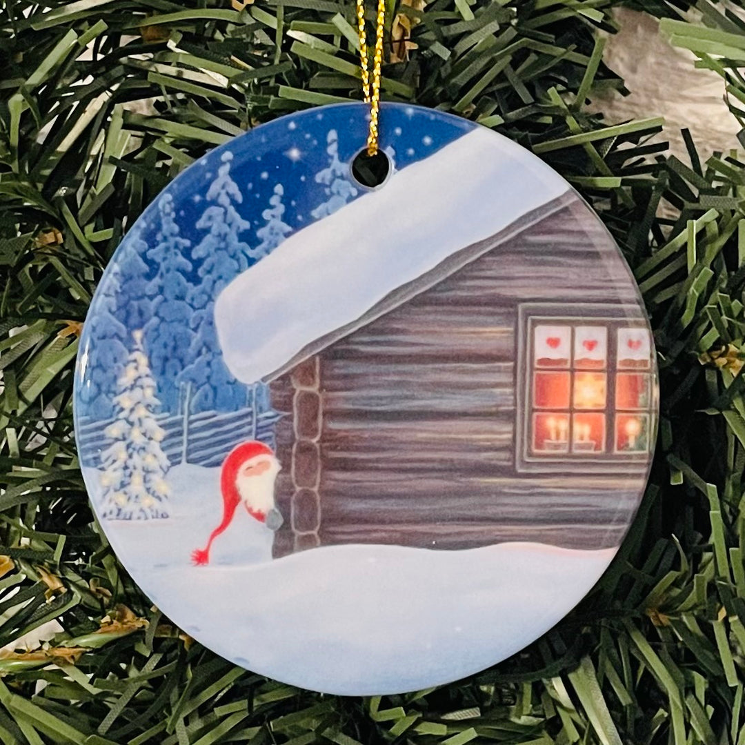 Ceramic Ornament, Eva Melhuish Tomte Peeking around House