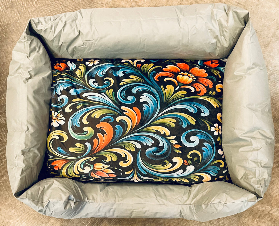Oxford Cloth Padded Pet Bed with Rosemaling flowers