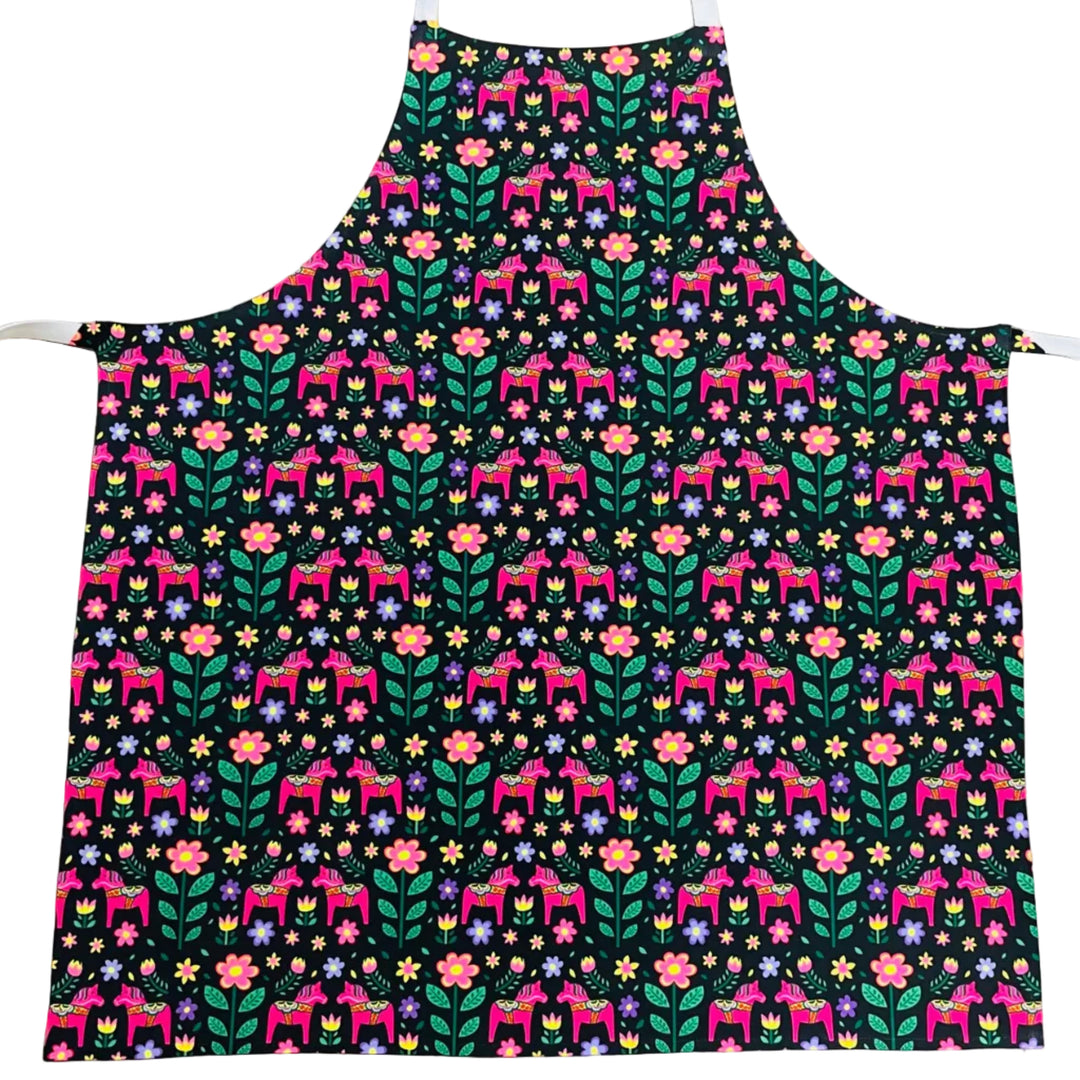 Apron - Pink Dala Horses & Flowers on Black