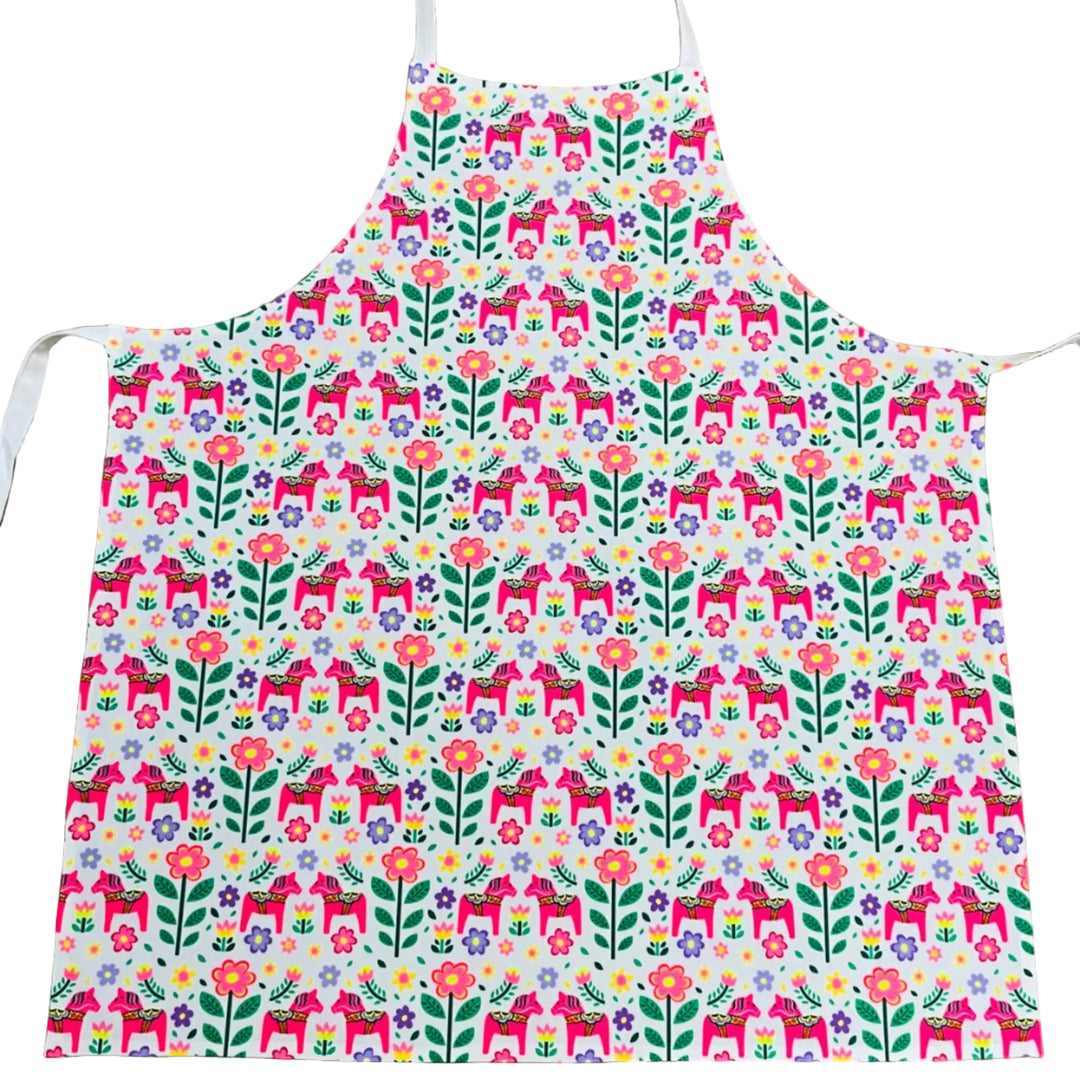 Apron - Pink Dala Horses & Flowers on White