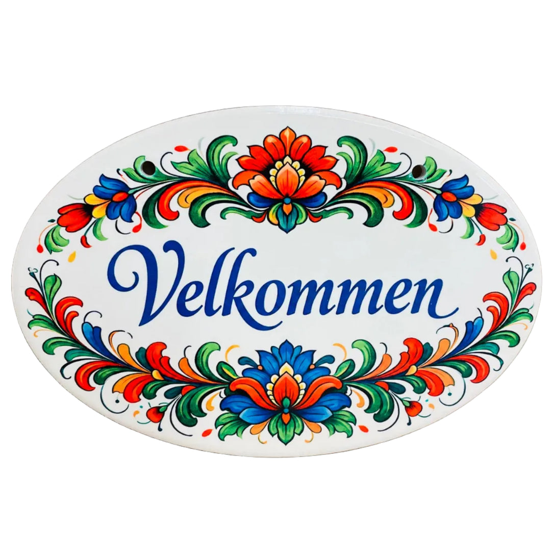 Oval Ceramic Sign - Rosemaling Velkommen
