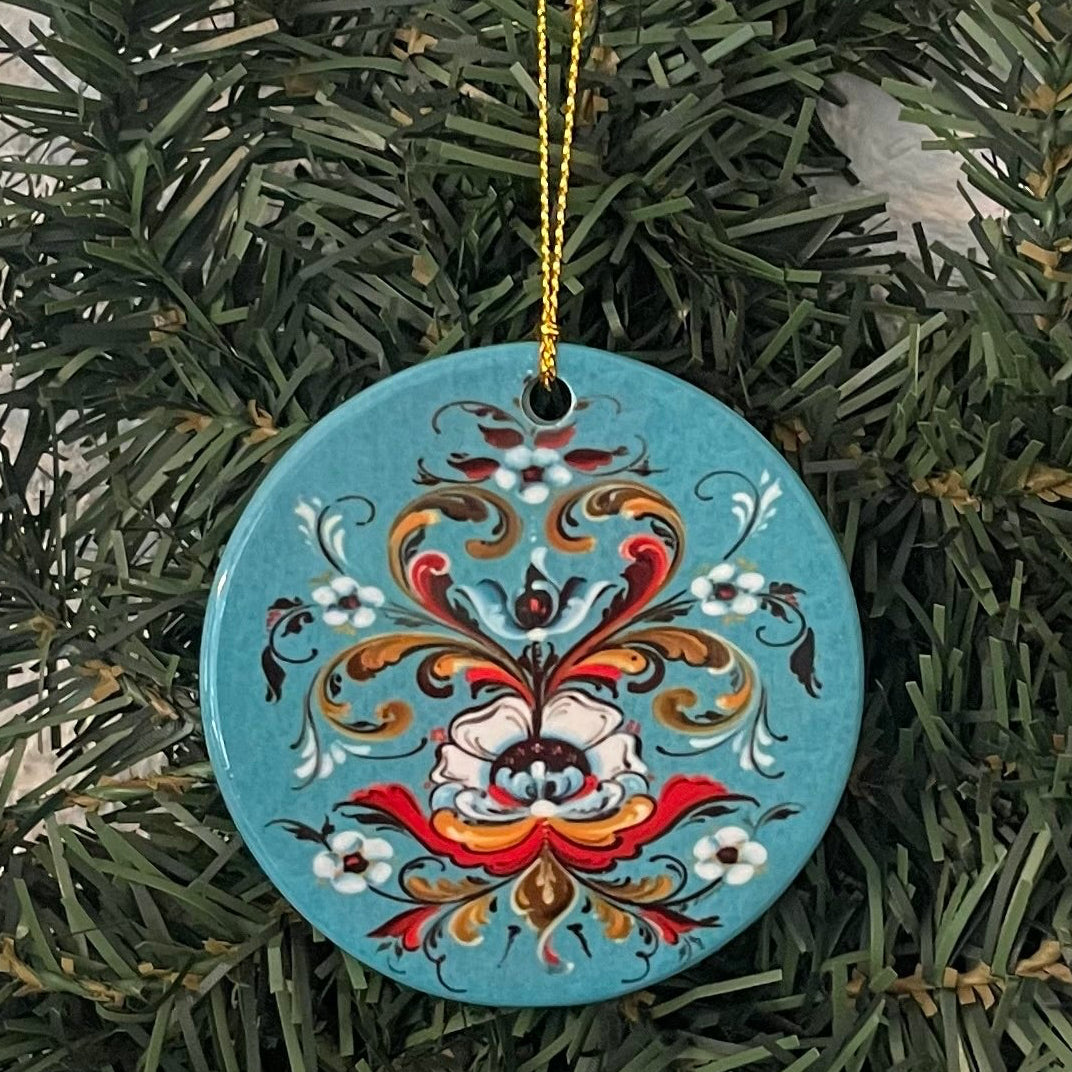 Ceramic ornament, Lise Lorentzen blue rosemaling