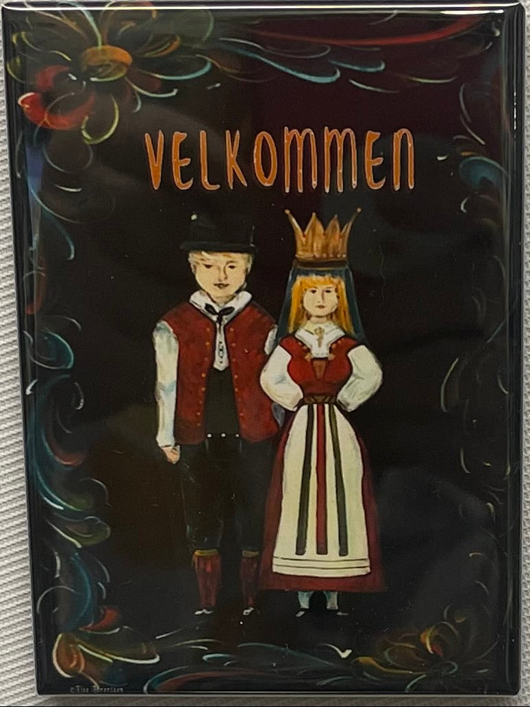 Rectangle Magnet, Lise Lorentzen Rosemaling Couple with Velkommen