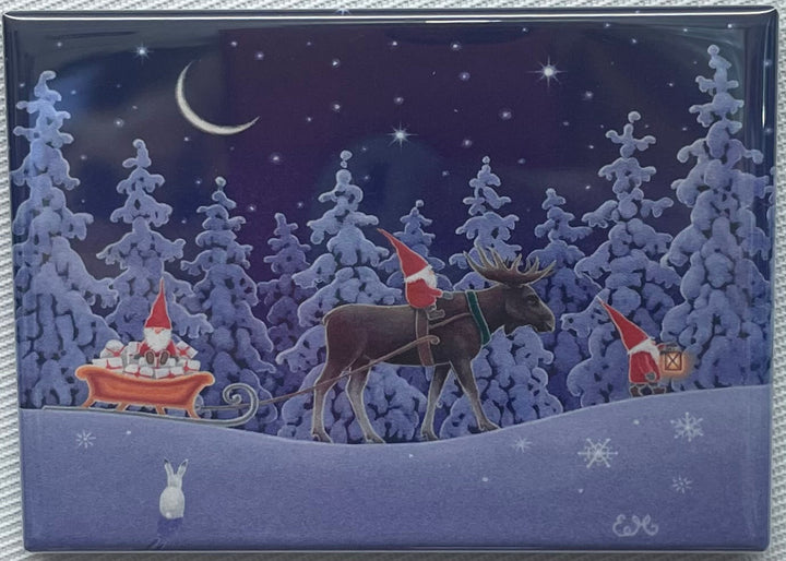 Rectangle Magnet, Eva Melhuish Tomtar with Moose Bringing gifts