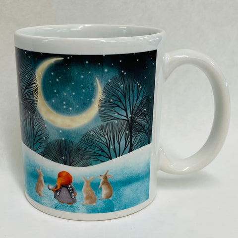 Gnome Girl with rabbits in the Moonlight coffee mug