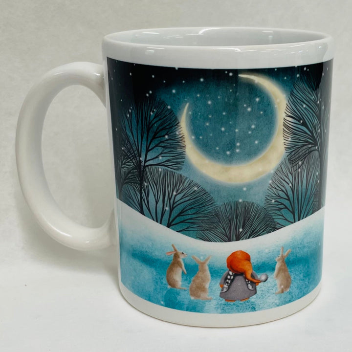 Gnome Girl with rabbits in the Moonlight coffee mug