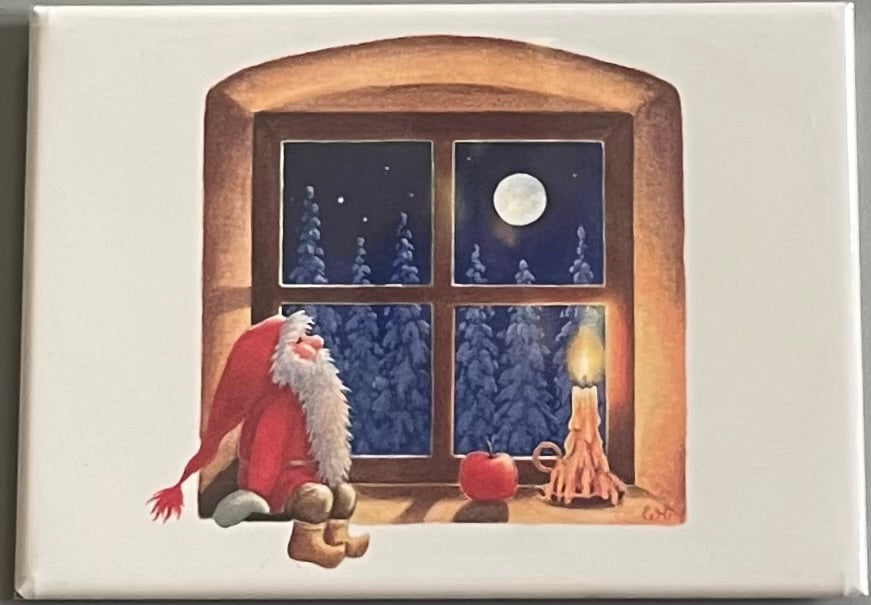 Rectangle Magnet, Eva Melhuish Tomte on Windowsill looking at Moon