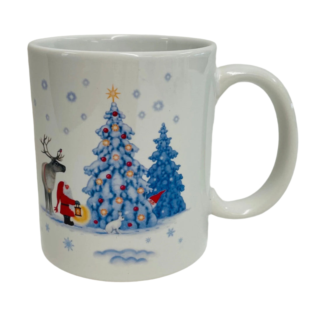 Eva Melhuish Tomte & Reindeer at Snowy trees coffee mug