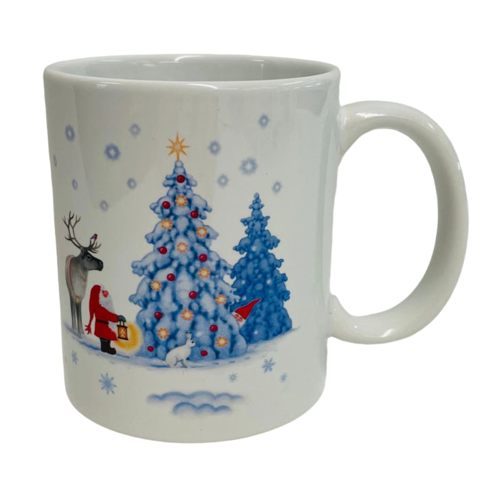 Eva Melhuish Tomte & Reindeer at Snowy trees coffee mug