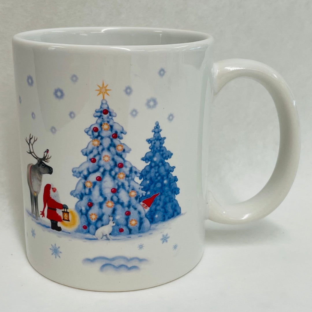 Eva Melhuish Tomte & Reindeer at Snowy trees coffee mug