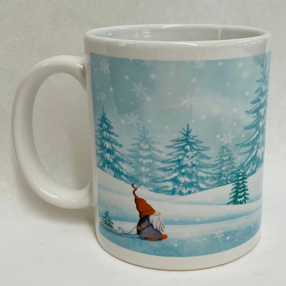 Gnome Tomte in snowy forest coffee mug