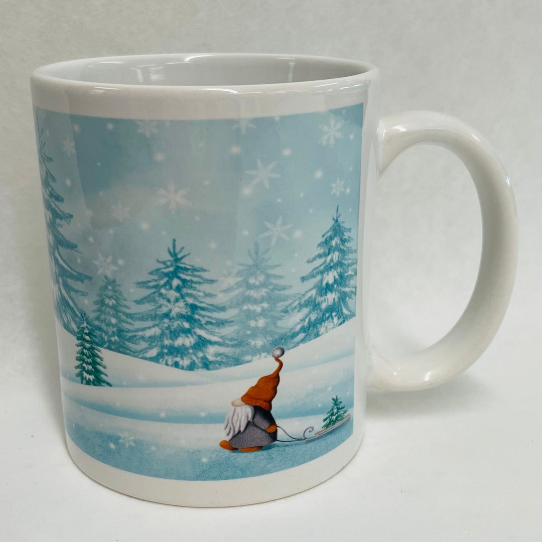 Gnome Tomte in snowy forest coffee mug