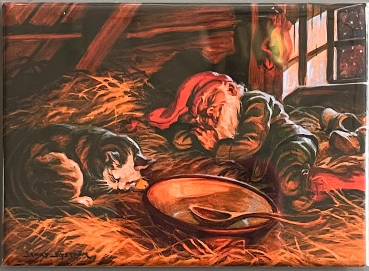 Rectangle Magnet, Gnome & cat in the hay