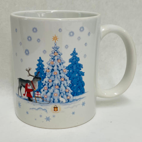 Eva Melhuish Tomte & Reindeer at Snowy trees coffee mug