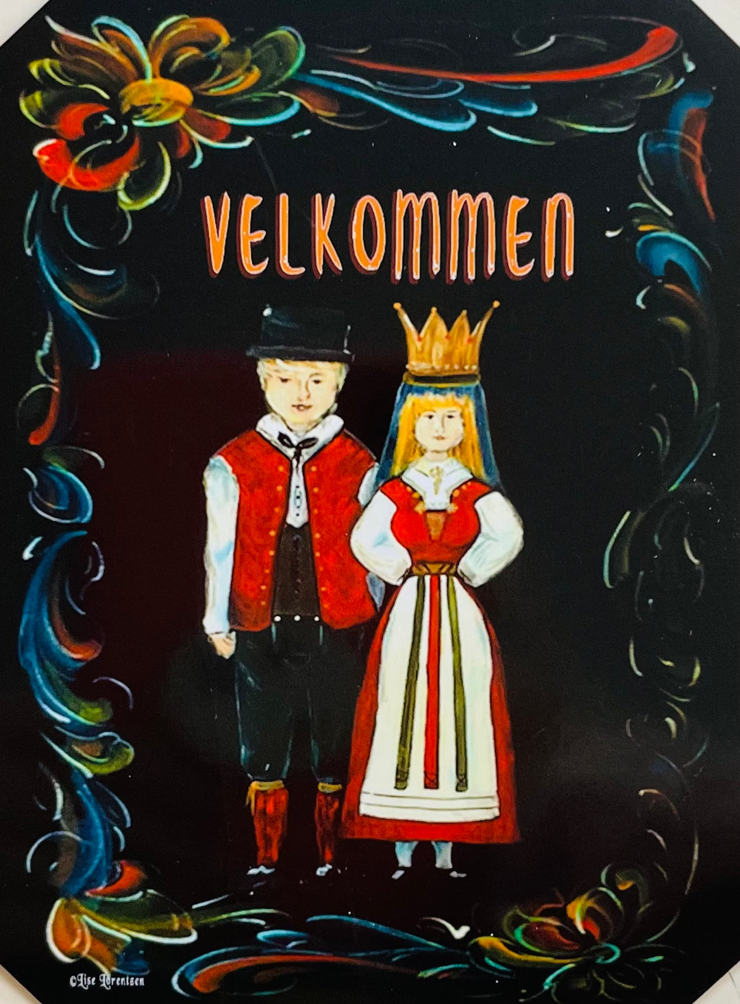 Rectangle Magnet, Lise Lorentzen Rosemaling Couple with Velkommen