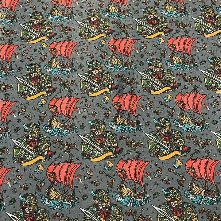 Fabric Viking & Viking Ship on Grey