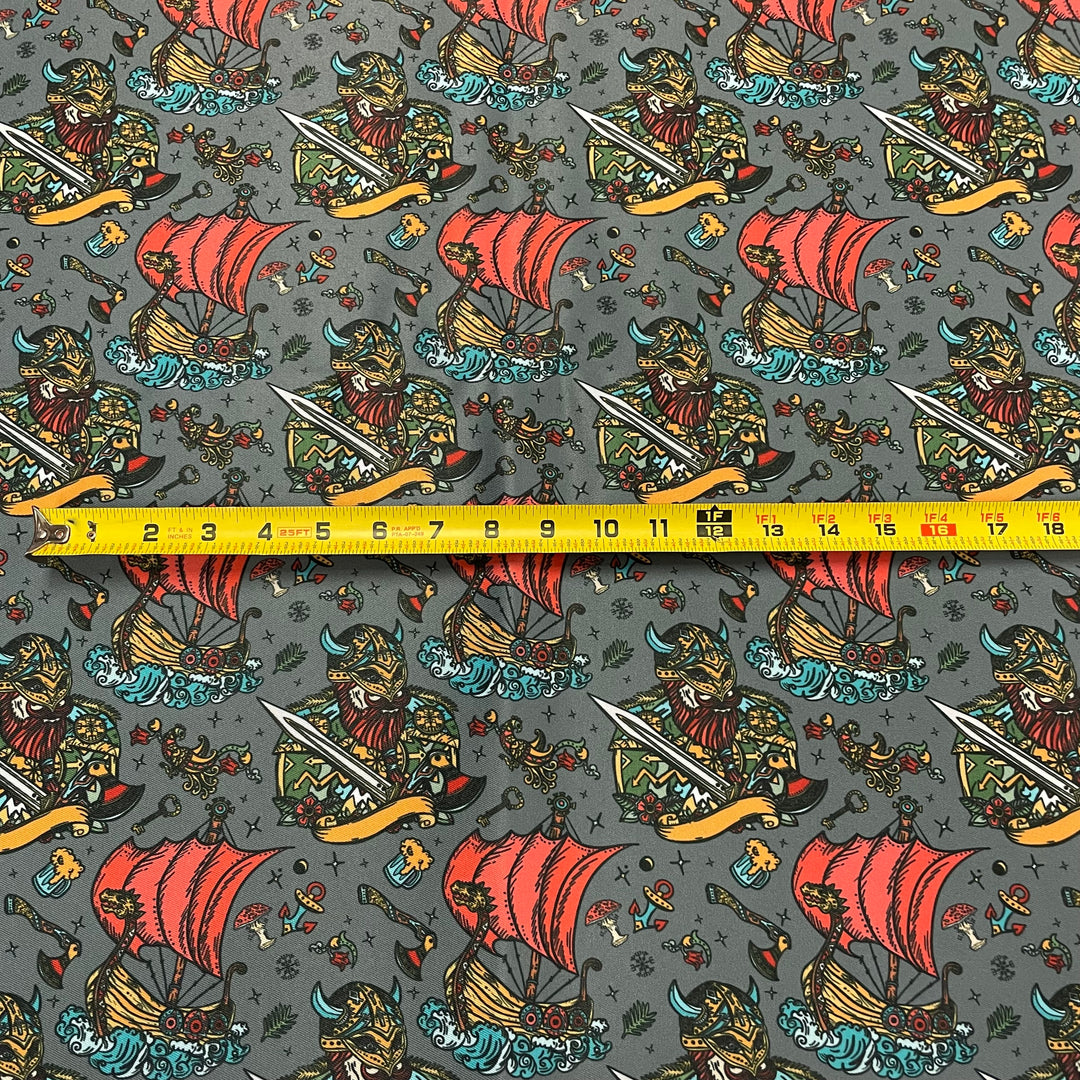 Fabric Viking & Viking Ship on Grey