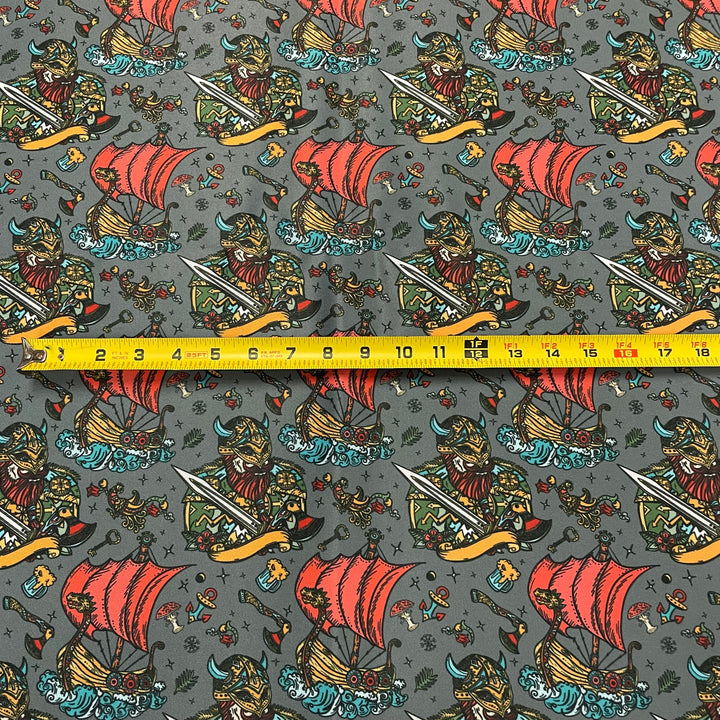 Fabric Viking & Viking Ship on Grey