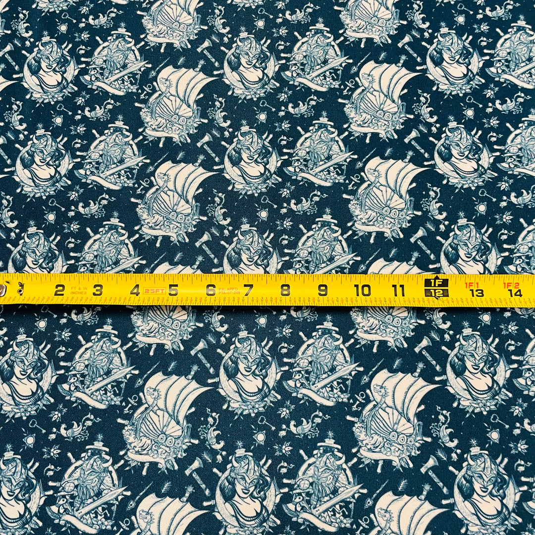 Fabric Viking ship and Viking woman on Navy