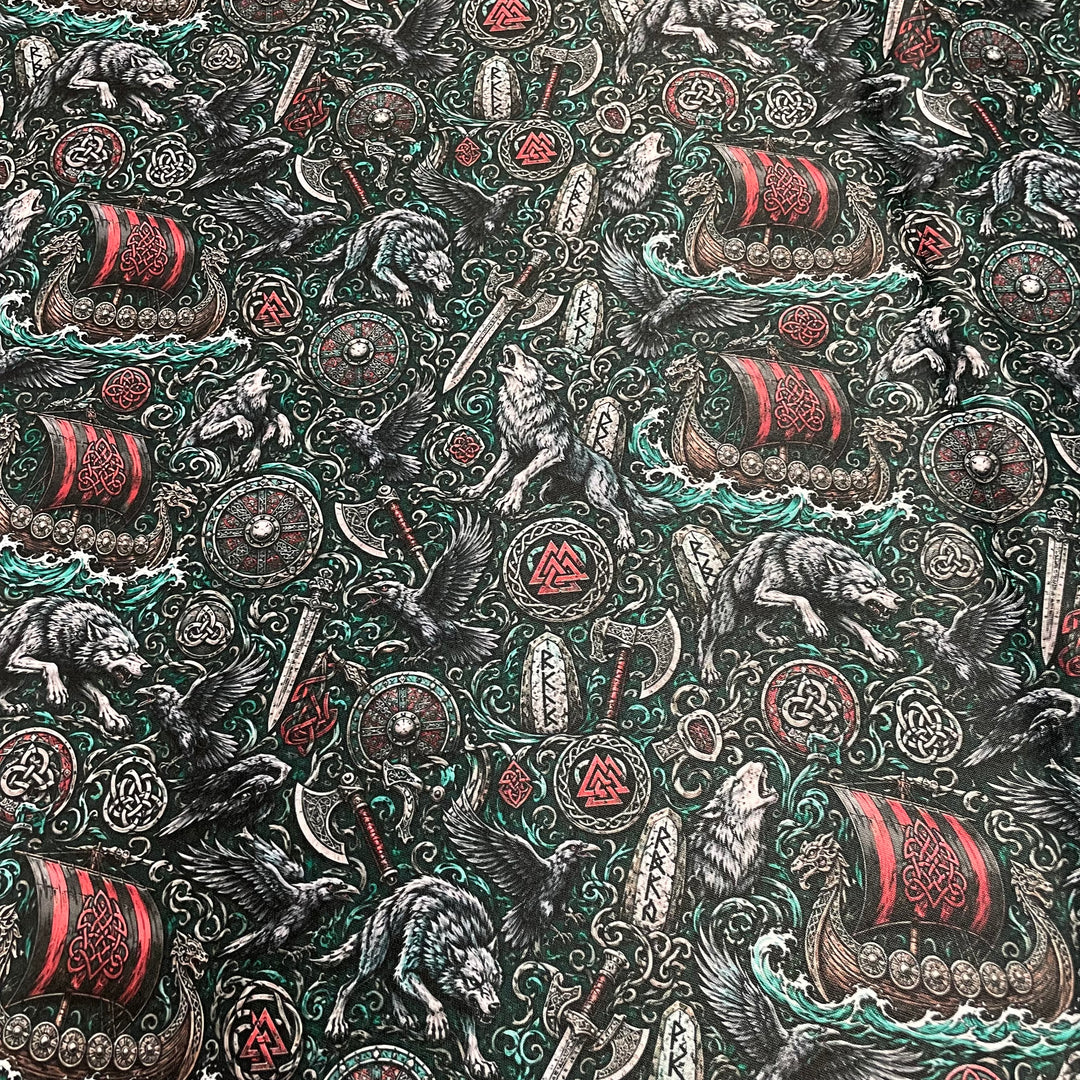 Fabric Viking Ship Wolf Shield Sword Valknut