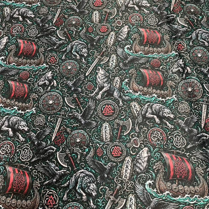 Fabric Viking Ship Wolf Shield Sword Valknut