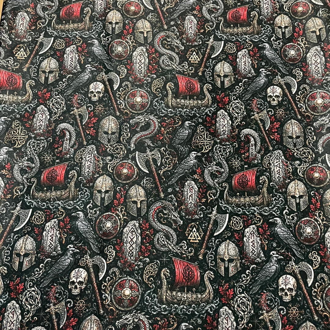Fabric Viking Ships Helmets Serpents Raven Ax